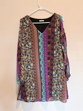 inTu Boho Mixed Print Tunic Dress — V-Neck Long Sleeve | Purple Teal Multi Small